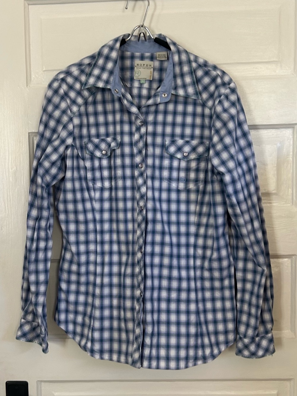Roper Blue and White Plaid Western Pearl Snap Button-Up Shirt